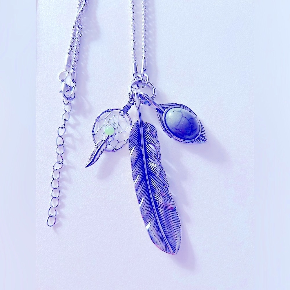 Necklace Feather green dreamcatcher, large feather, faux green stone charms  26”